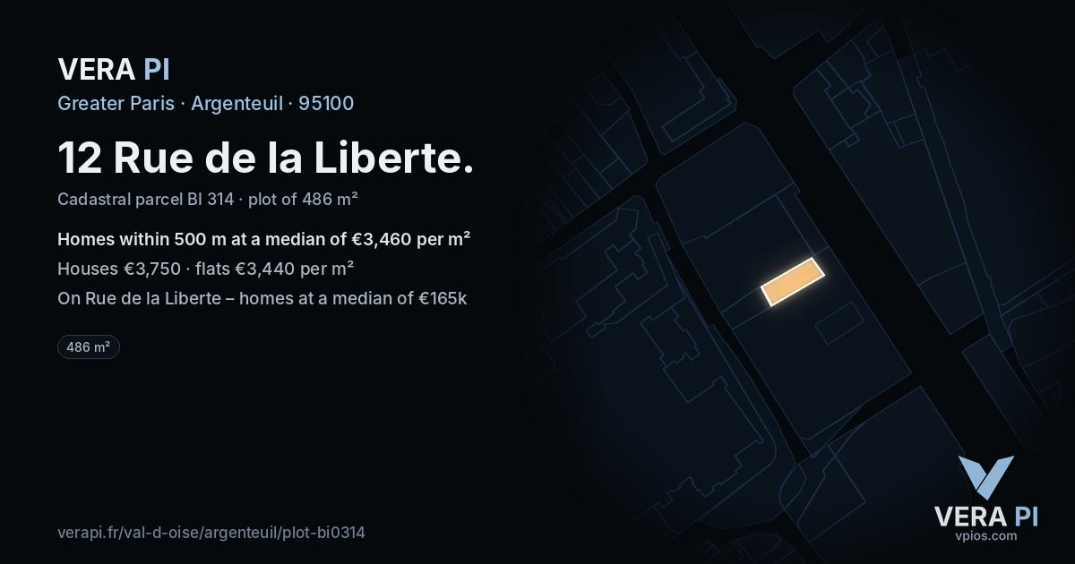 12 Rue de la Liberte, Argenteuil at night – the plot lit, the parcels around coloured by the prices near them