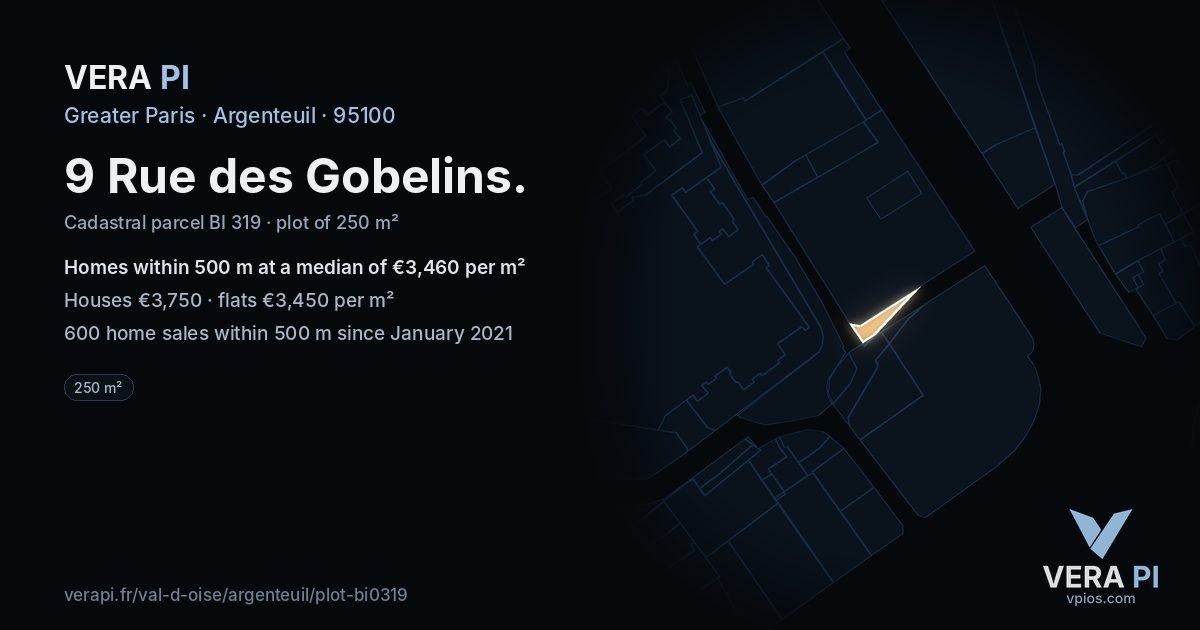9 Rue des Gobelins, Argenteuil at night – the plot lit, the parcels around coloured by the prices near them