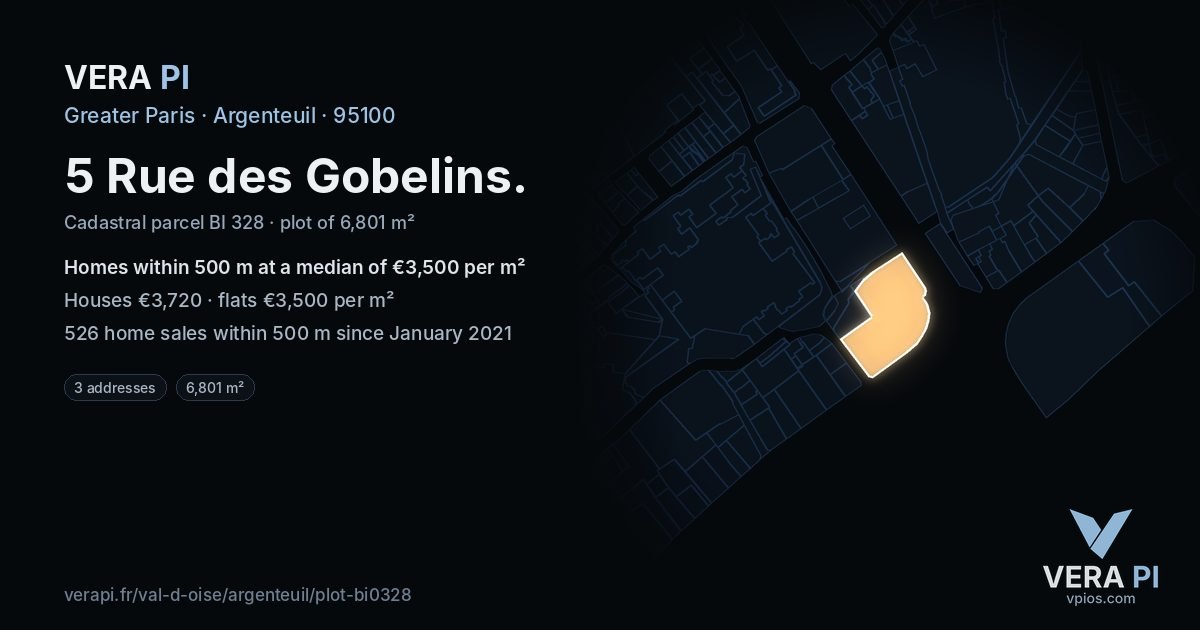 5 Rue des Gobelins, Argenteuil at night – the plot lit, the parcels around coloured by the prices near them