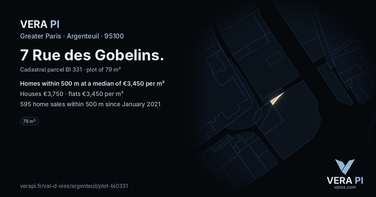 7 Rue des Gobelins, Argenteuil at night – the plot lit, the parcels around coloured by the prices near them