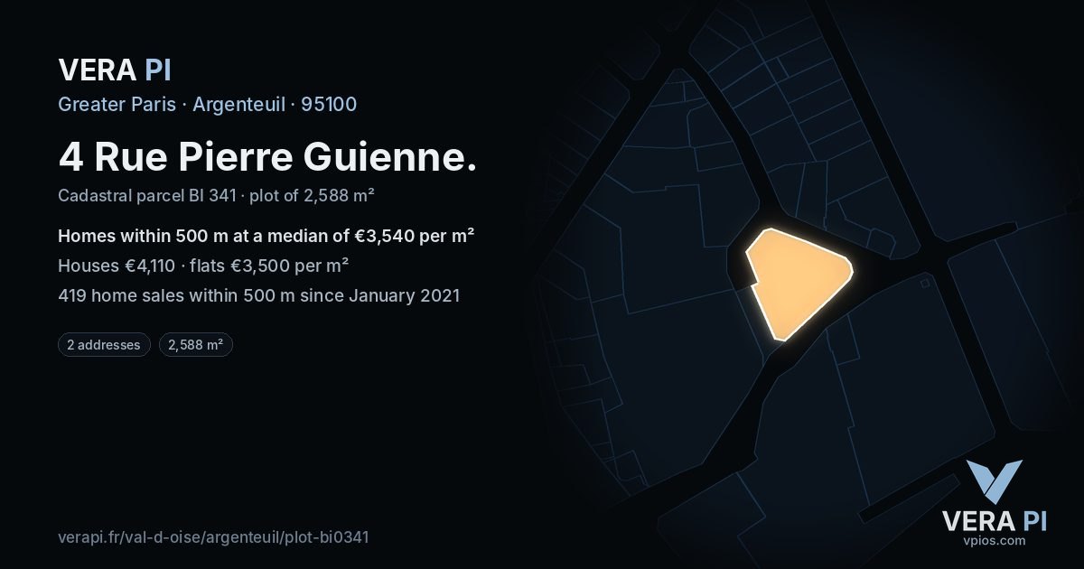 4 Rue Pierre Guienne, Argenteuil at night – the plot lit, the parcels around coloured by the prices near them