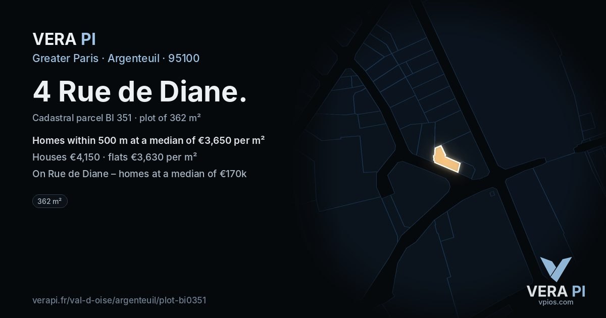 4 Rue de Diane, Argenteuil at night – the plot lit, the parcels around coloured by the prices near them