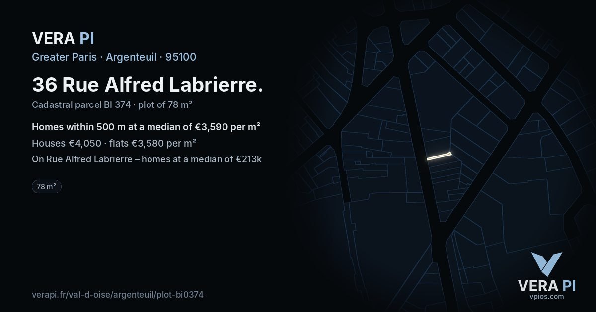 36 Rue Alfred Labrierre, Argenteuil at night – the plot lit, the parcels around coloured by the prices near them