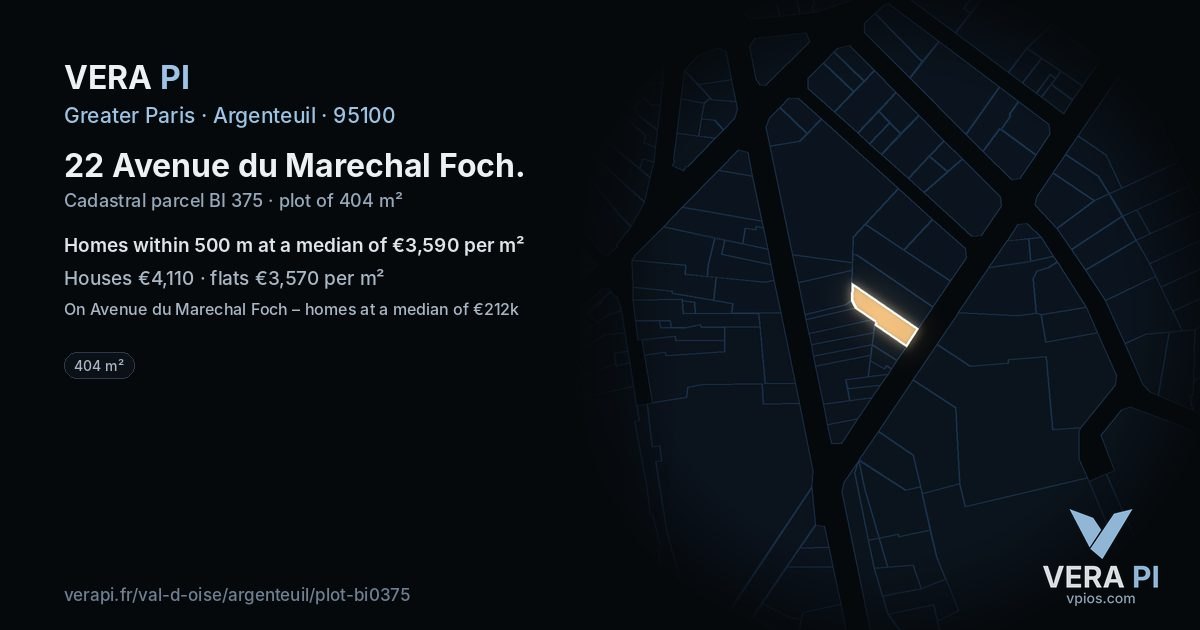 22 Avenue du Marechal Foch, Argenteuil at night – the plot lit, the parcels around coloured by the prices near them