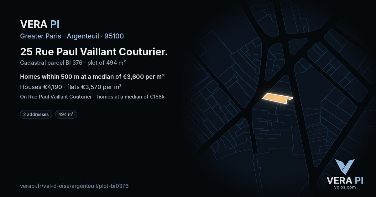 25 Rue Paul Vaillant Couturier, Argenteuil at night – the plot lit, the parcels around coloured by the prices near them