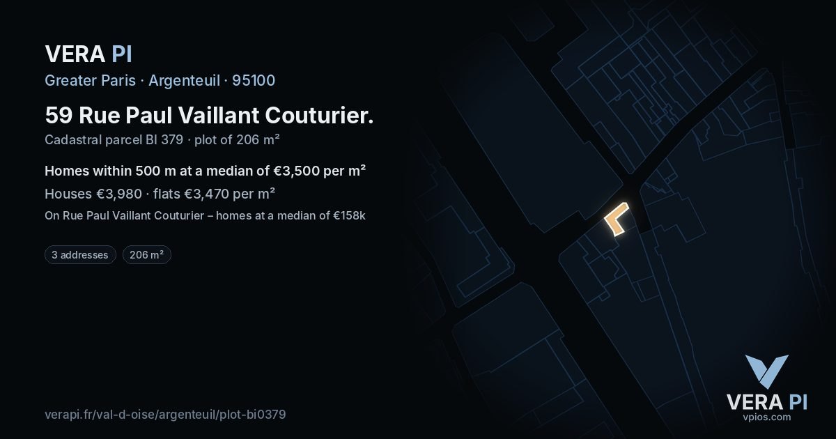 59 Rue Paul Vaillant Couturier, Argenteuil at night – the plot lit, the parcels around coloured by the prices near them
