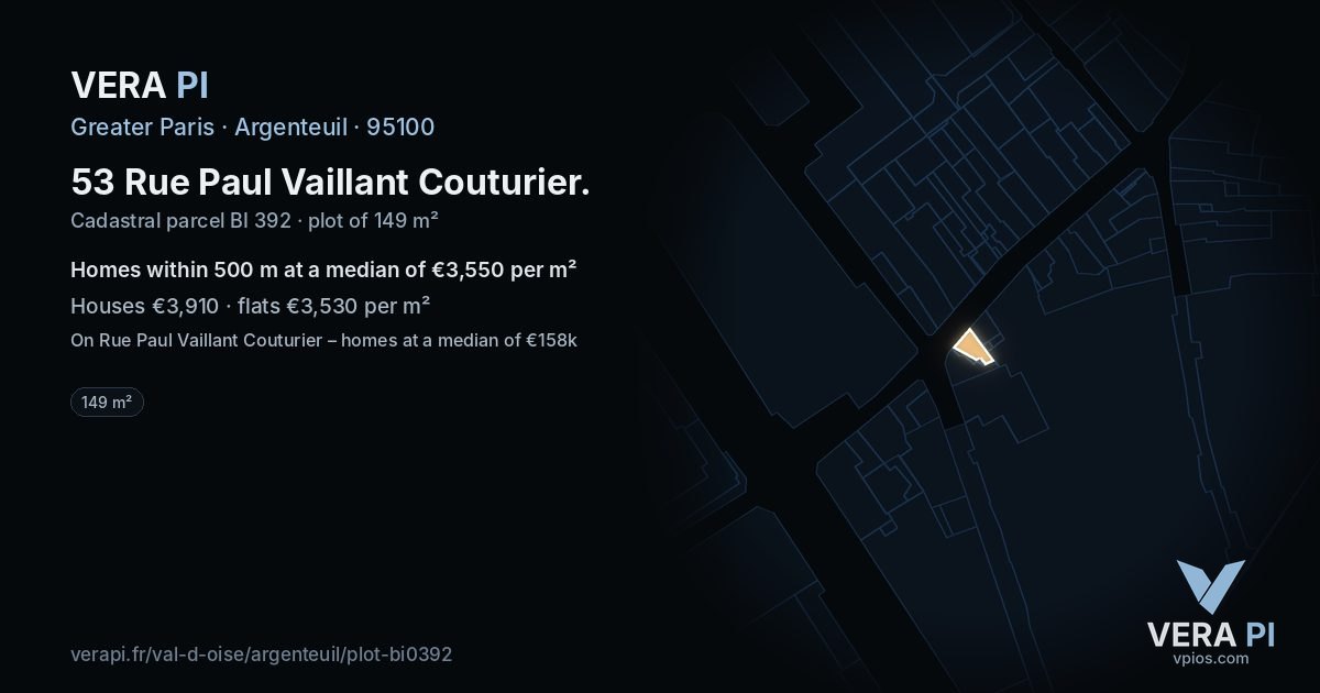 53 Rue Paul Vaillant Couturier, Argenteuil at night – the plot lit, the parcels around coloured by the prices near them
