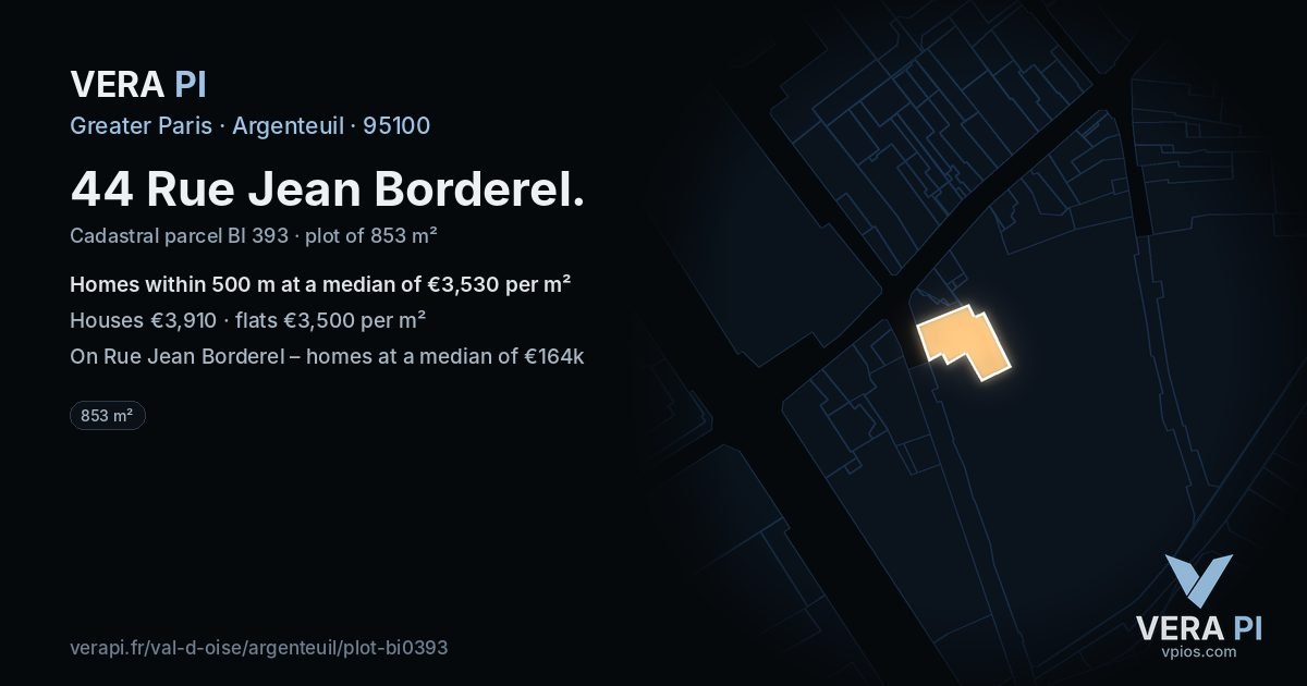 44 Rue Jean Borderel, Argenteuil at night – the plot lit, the parcels around coloured by the prices near them