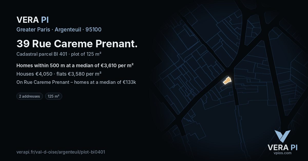 39 Rue Careme Prenant, Argenteuil at night – the plot lit, the parcels around coloured by the prices near them