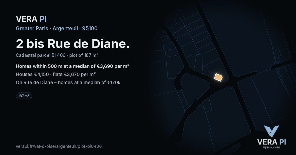 2 bis Rue de Diane, Argenteuil at night – the plot lit, the parcels around coloured by the prices near them