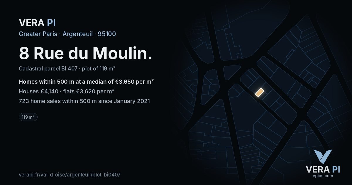 8 Rue du Moulin, Argenteuil at night – the plot lit, the parcels around coloured by the prices near them