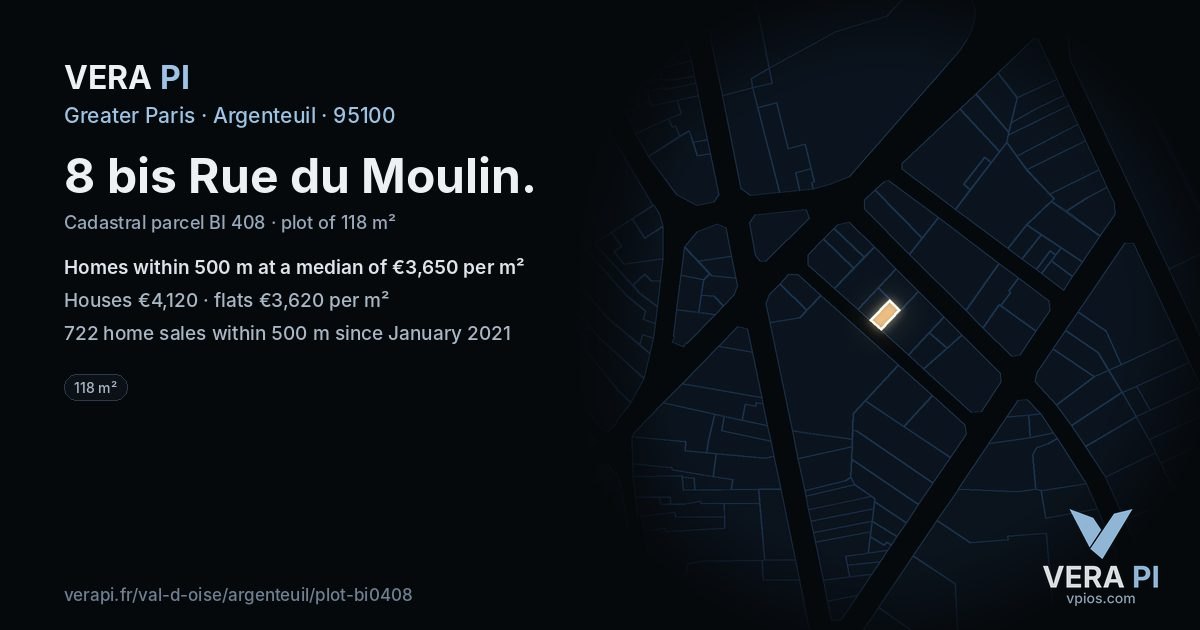 8 bis Rue du Moulin, Argenteuil at night – the plot lit, the parcels around coloured by the prices near them