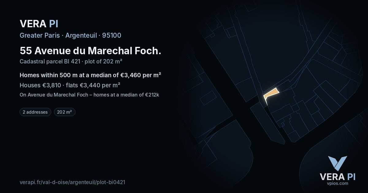 55 Avenue du Marechal Foch, Argenteuil at night – the plot lit, the parcels around coloured by the prices near them