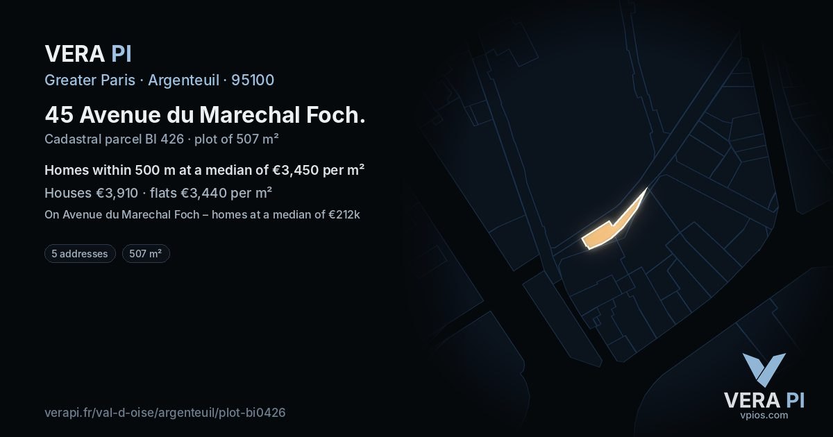 45 Avenue du Marechal Foch, Argenteuil at night – the plot lit, the parcels around coloured by the prices near them