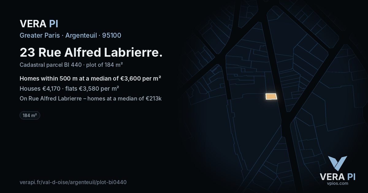 23 Rue Alfred Labrierre, Argenteuil at night – the plot lit, the parcels around coloured by the prices near them