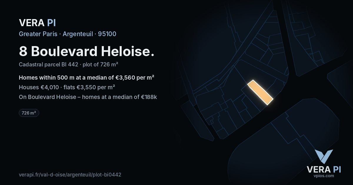 8 Boulevard Heloise, Argenteuil at night – the plot lit, the parcels around coloured by the prices near them