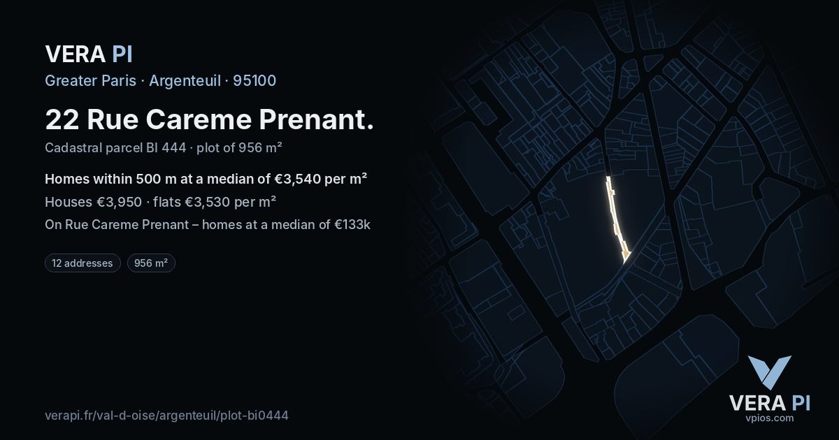22 Rue Careme Prenant, Argenteuil at night – the plot lit, the parcels around coloured by the prices near them