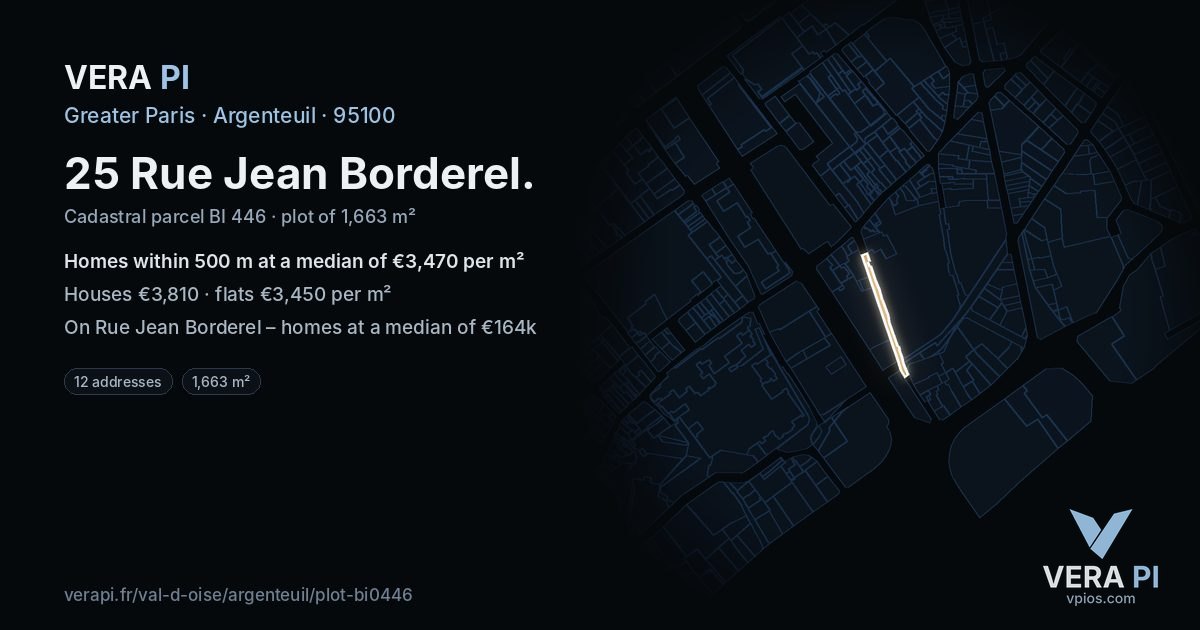 25 Rue Jean Borderel, Argenteuil at night – the plot lit, the parcels around coloured by the prices near them