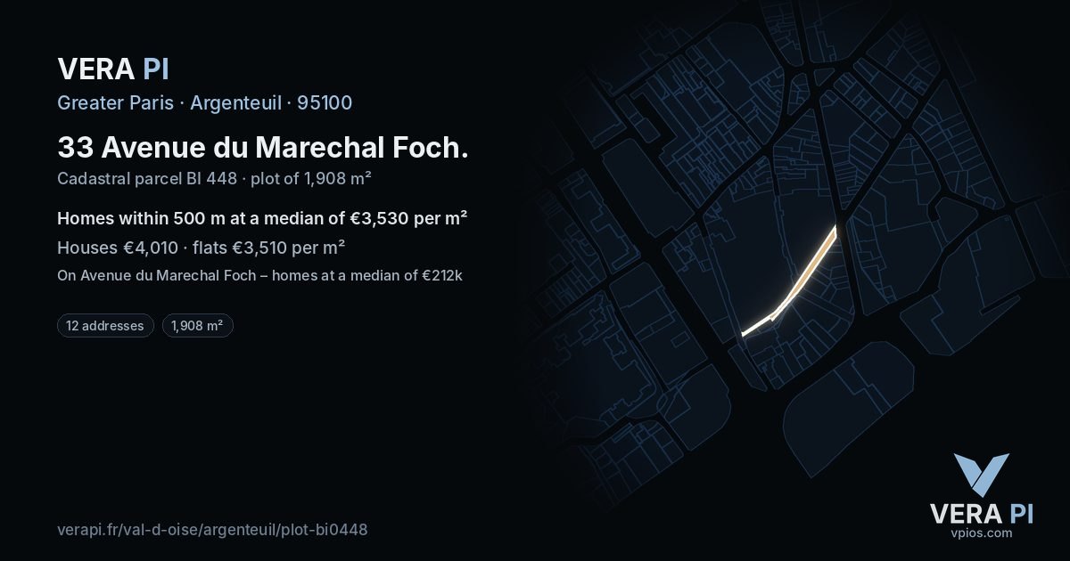 33 Avenue du Marechal Foch, Argenteuil at night – the plot lit, the parcels around coloured by the prices near them