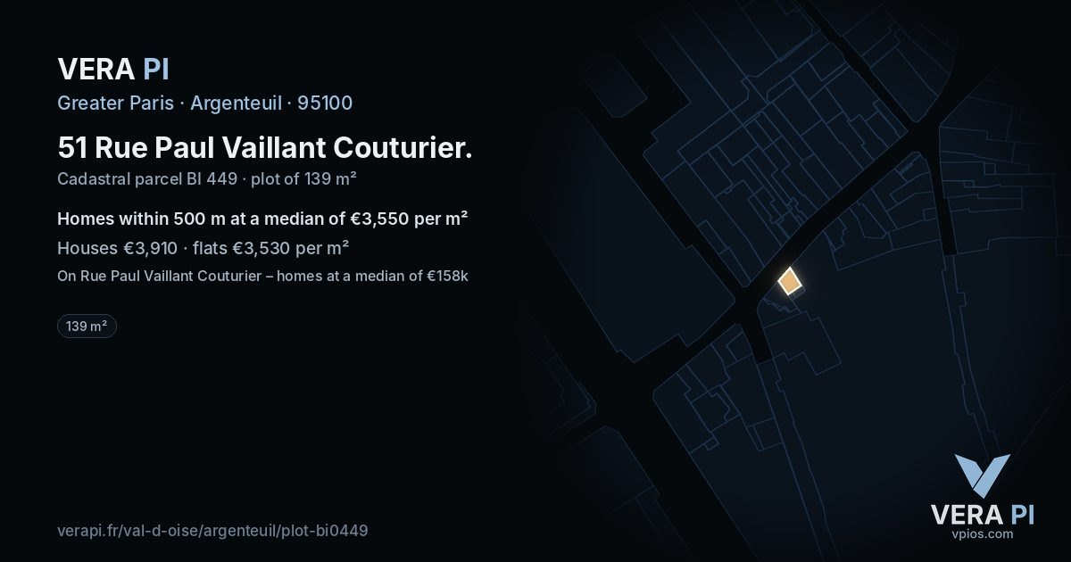 51 Rue Paul Vaillant Couturier, Argenteuil at night – the plot lit, the parcels around coloured by the prices near them
