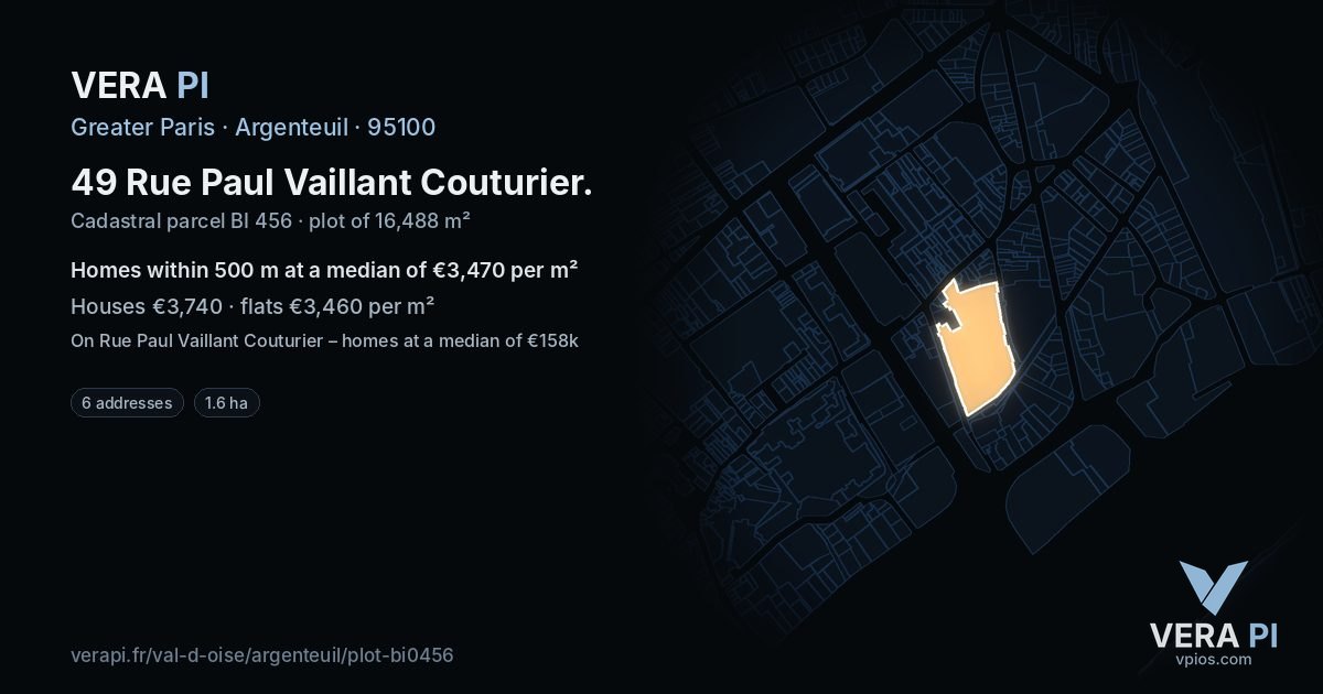49 Rue Paul Vaillant Couturier, Argenteuil at night – the plot lit, the parcels around coloured by the prices near them