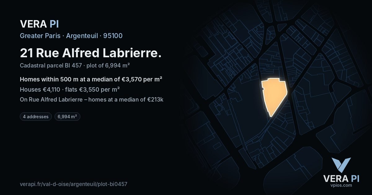 21 Rue Alfred Labrierre, Argenteuil at night – the plot lit, the parcels around coloured by the prices near them