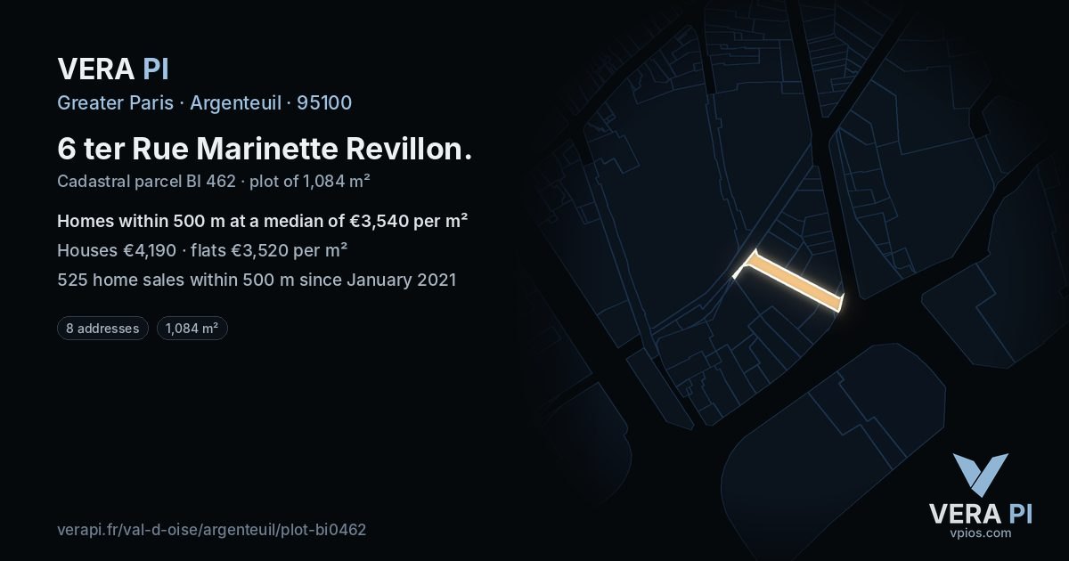 6 ter Rue Marinette Revillon, Argenteuil at night – the plot lit, the parcels around coloured by the prices near them