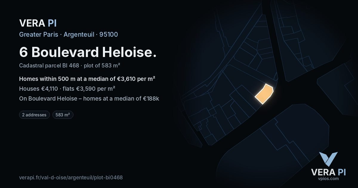 6 Boulevard Heloise, Argenteuil at night – the plot lit, the parcels around coloured by the prices near them