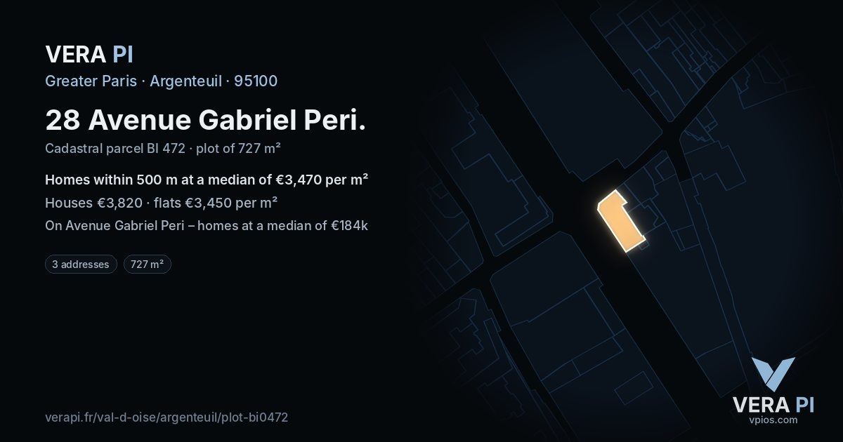 28 Avenue Gabriel Peri, Argenteuil at night – the plot lit, the parcels around coloured by the prices near them
