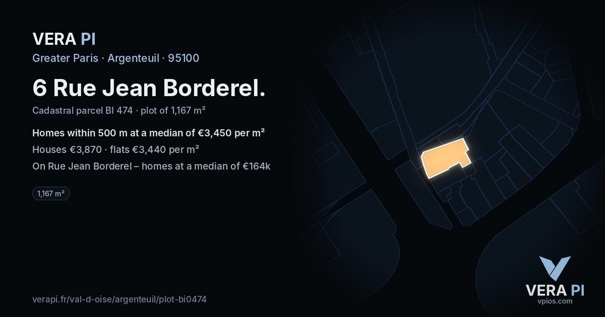 6 Rue Jean Borderel, Argenteuil at night – the plot lit, the parcels around coloured by the prices near them