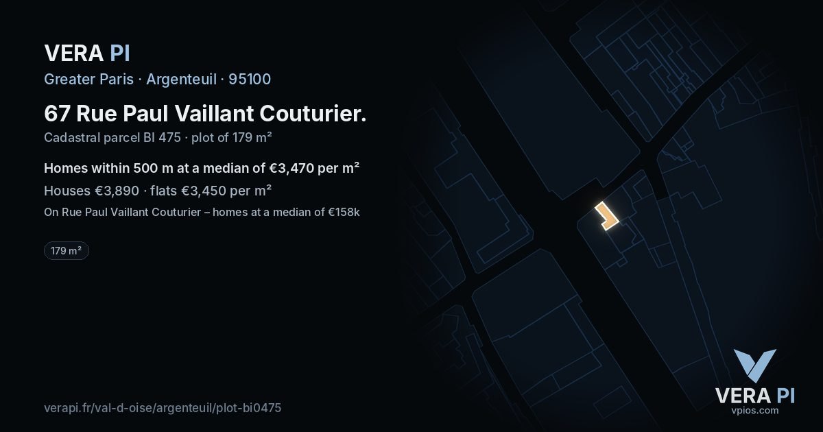 67 Rue Paul Vaillant Couturier, Argenteuil at night – the plot lit, the parcels around coloured by the prices near them