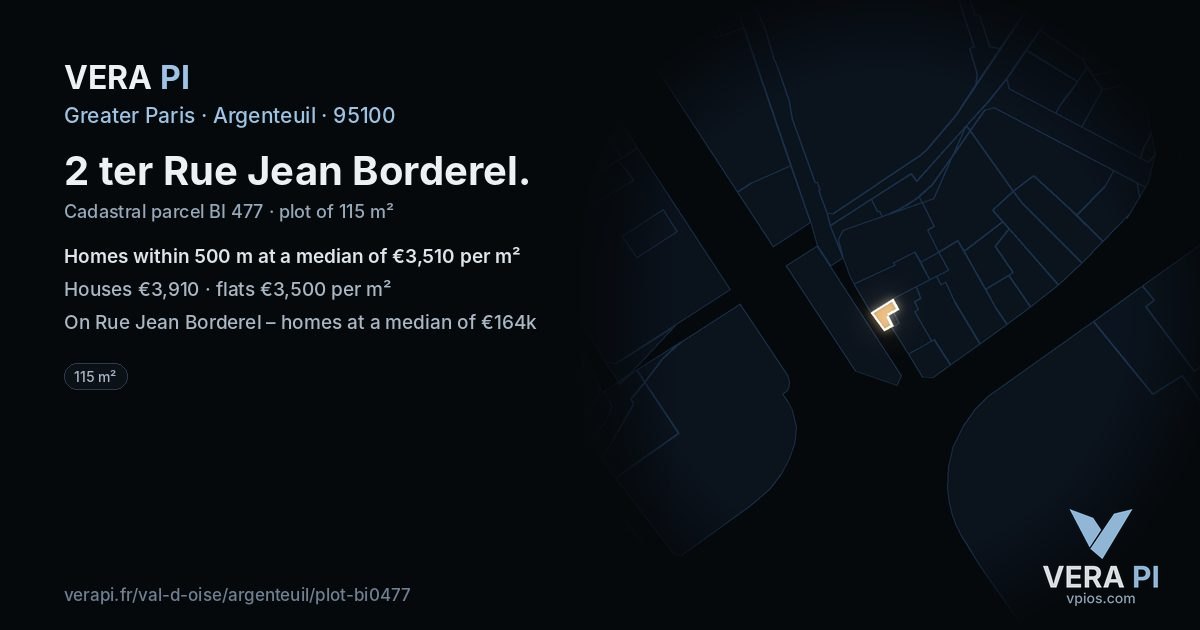 2 ter Rue Jean Borderel, Argenteuil at night – the plot lit, the parcels around coloured by the prices near them