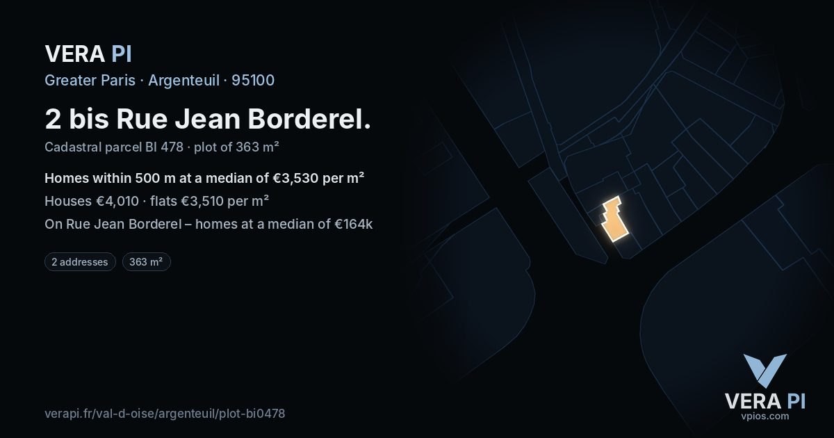 2 bis Rue Jean Borderel, Argenteuil at night – the plot lit, the parcels around coloured by the prices near them