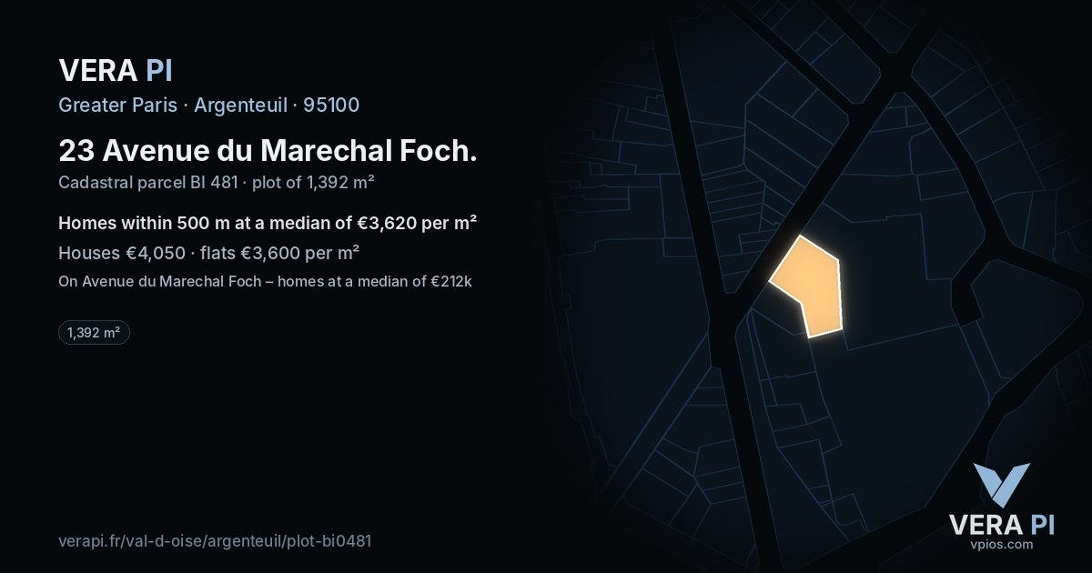 23 Avenue du Marechal Foch, Argenteuil at night – the plot lit, the parcels around coloured by the prices near them