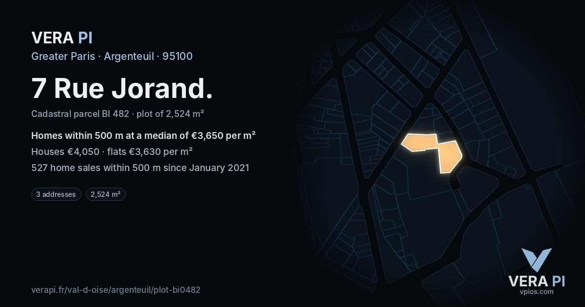 7 Rue Jorand, Argenteuil at night – the plot lit, the parcels around coloured by the prices near them