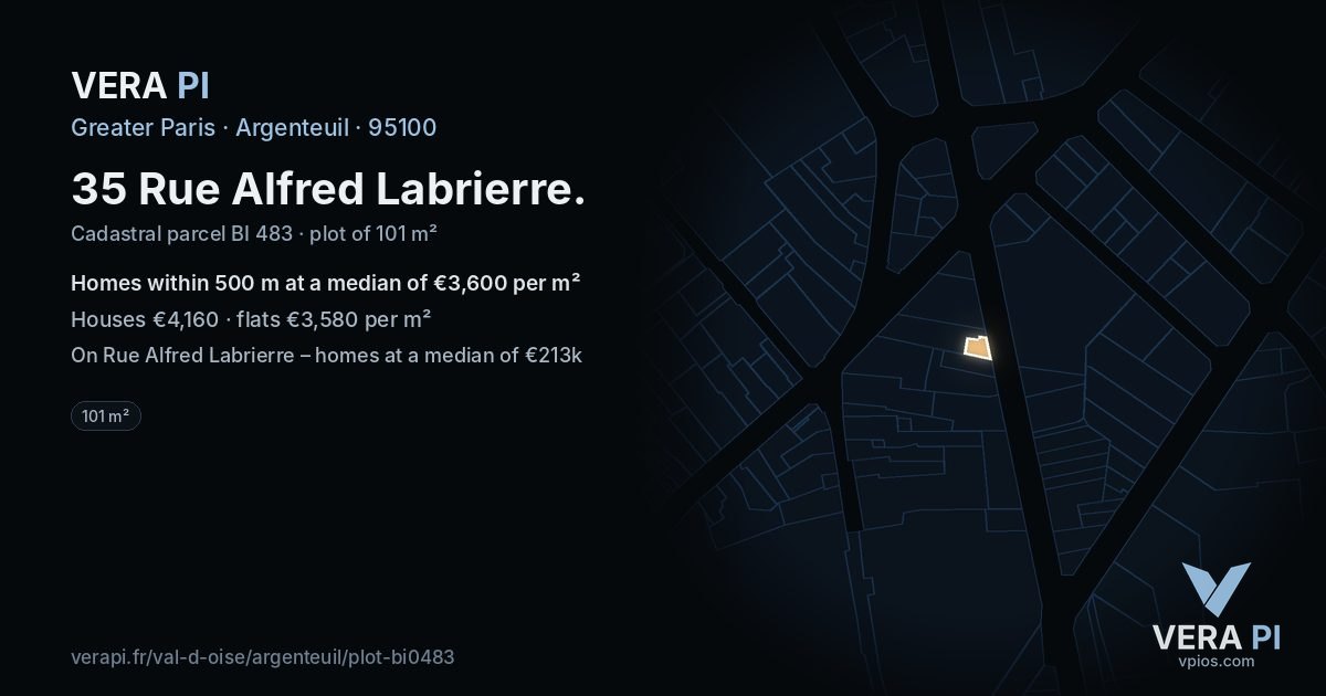 35 Rue Alfred Labrierre, Argenteuil at night – the plot lit, the parcels around coloured by the prices near them