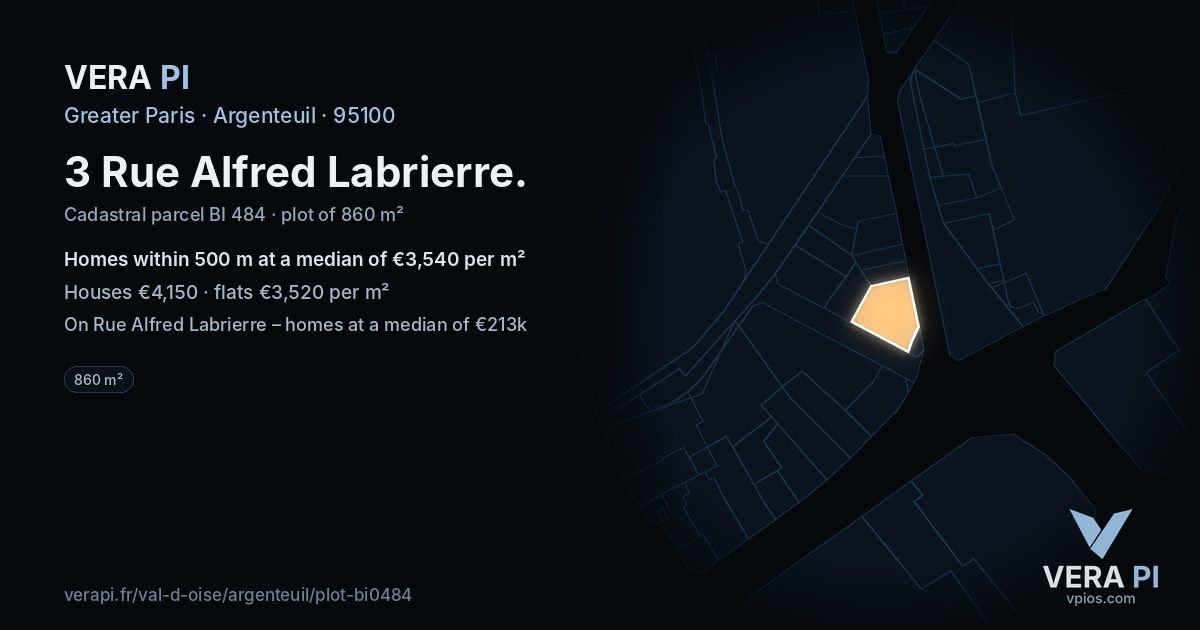 3 Rue Alfred Labrierre, Argenteuil at night – the plot lit, the parcels around coloured by the prices near them