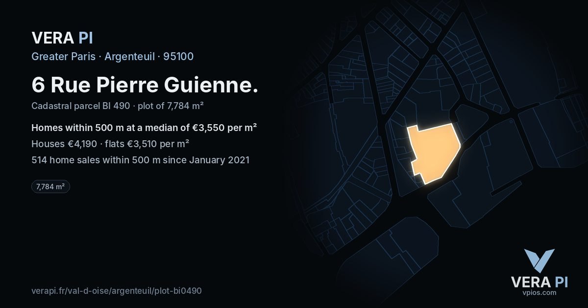 6 Rue Pierre Guienne, Argenteuil at night – the plot lit, the parcels around coloured by the prices near them