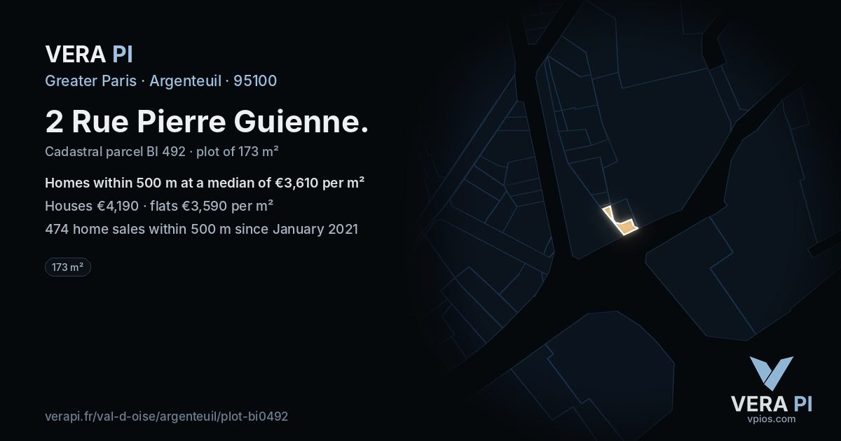 2 Rue Pierre Guienne, Argenteuil at night – the plot lit, the parcels around coloured by the prices near them