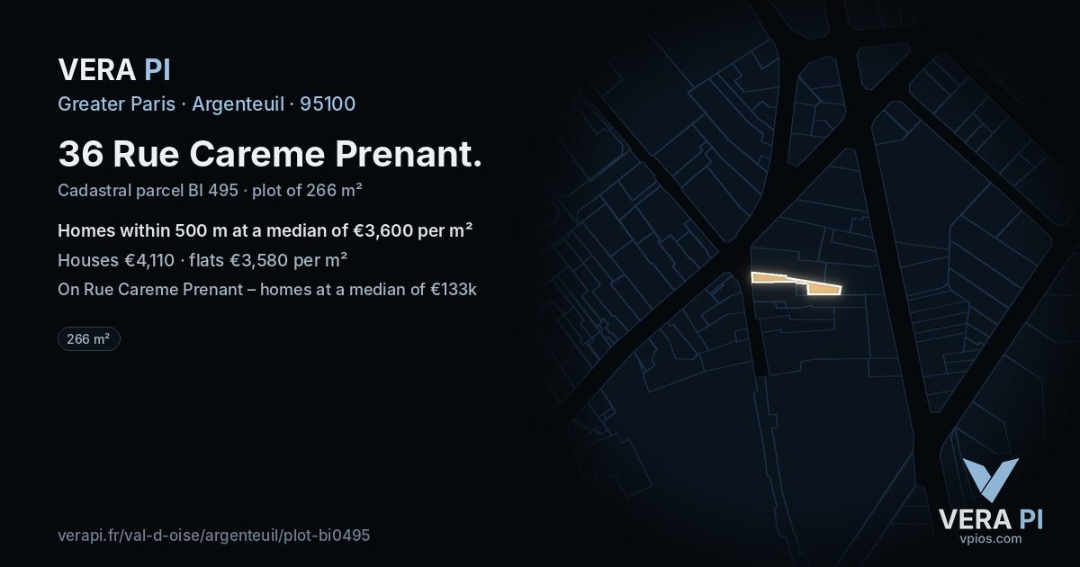 36 Rue Careme Prenant, Argenteuil at night – the plot lit, the parcels around coloured by the prices near them