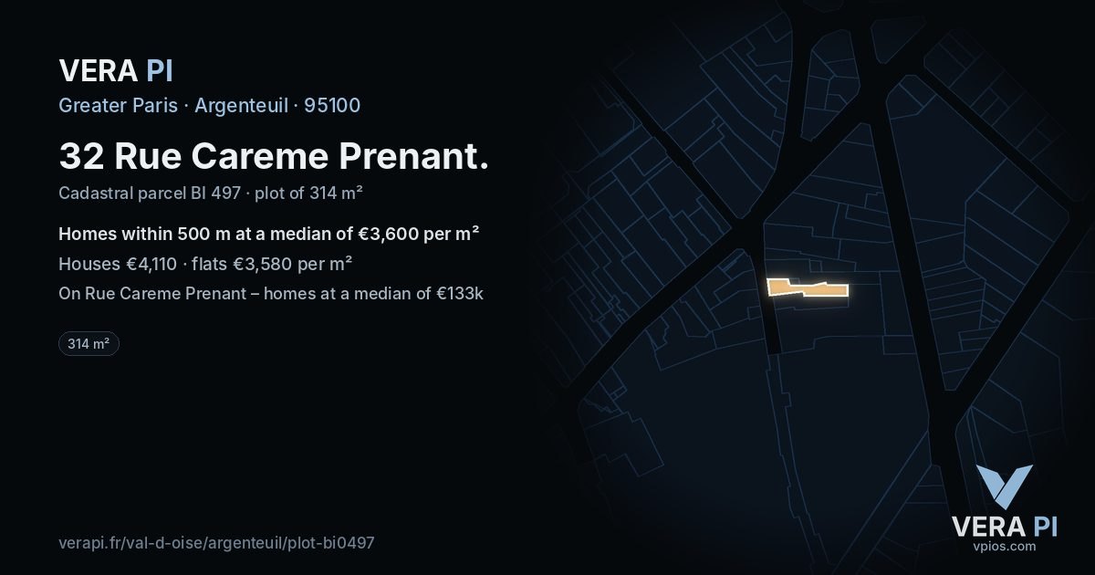 32 Rue Careme Prenant, Argenteuil at night – the plot lit, the parcels around coloured by the prices near them