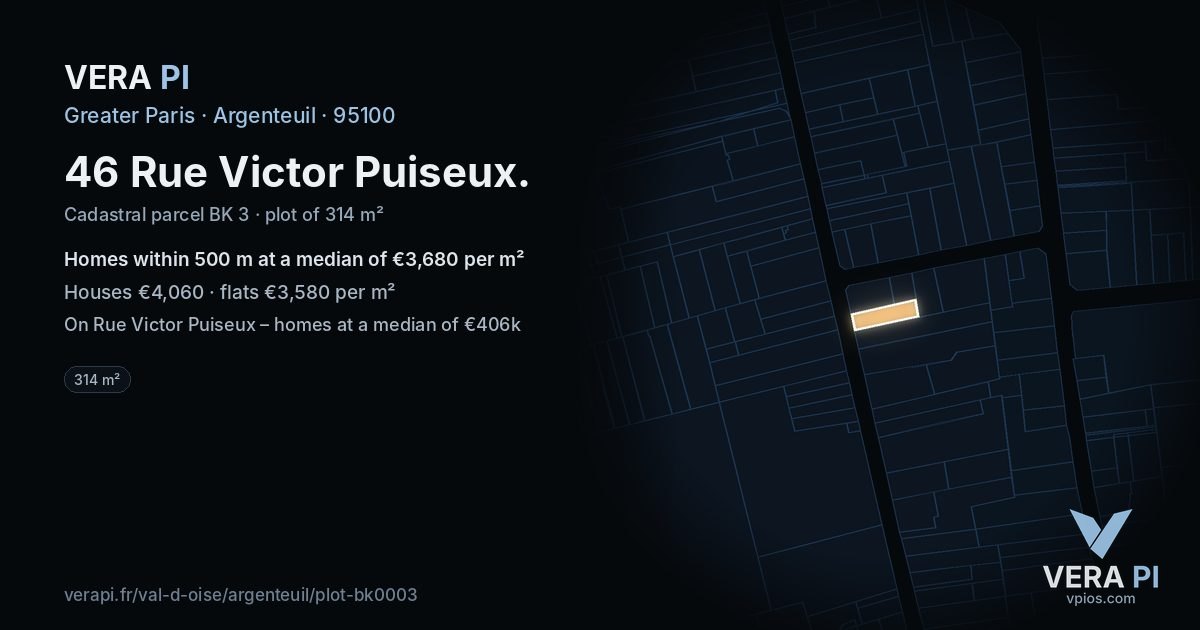 46 Rue Victor Puiseux, Argenteuil at night – the plot lit, the parcels around coloured by the prices near them