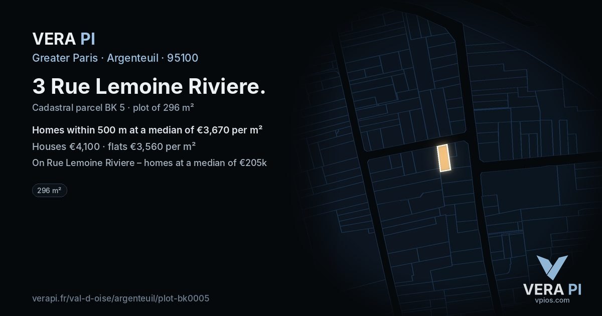 3 Rue Lemoine Riviere, Argenteuil at night – the plot lit, the parcels around coloured by the prices near them