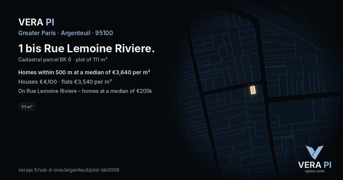 1 bis Rue Lemoine Riviere, Argenteuil at night – the plot lit, the parcels around coloured by the prices near them