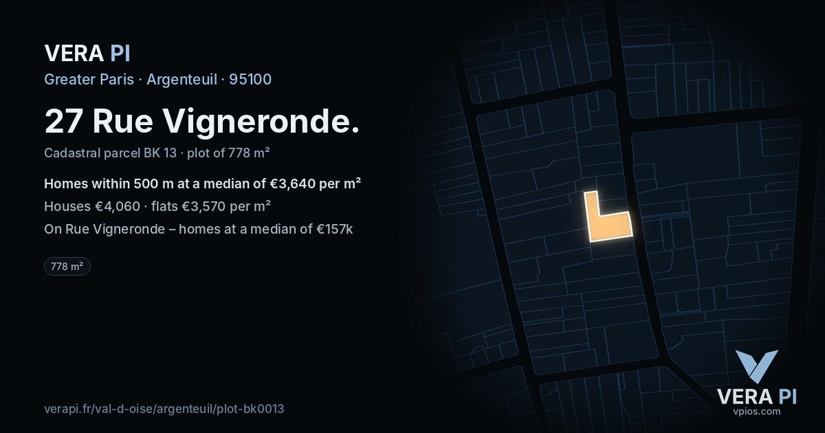 27 Rue Vigneronde, Argenteuil at night – the plot lit, the parcels around coloured by the prices near them