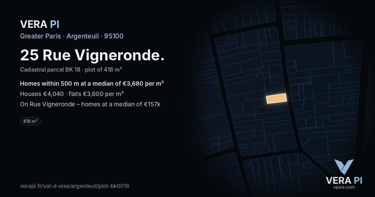 25 Rue Vigneronde, Argenteuil at night – the plot lit, the parcels around coloured by the prices near them