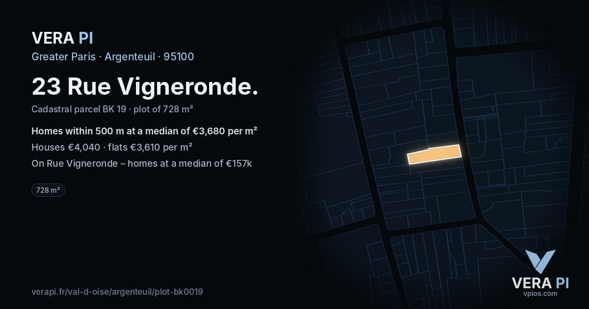 23 Rue Vigneronde, Argenteuil at night – the plot lit, the parcels around coloured by the prices near them