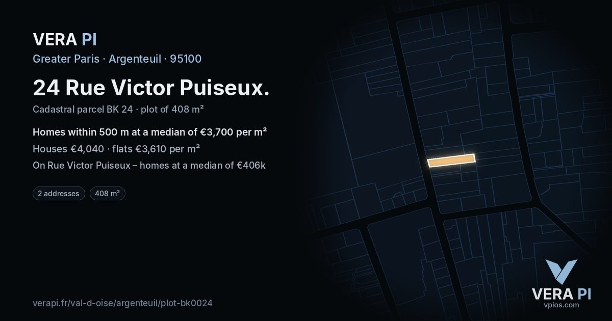 24 Rue Victor Puiseux, Argenteuil at night – the plot lit, the parcels around coloured by the prices near them