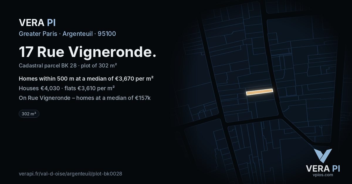 17 Rue Vigneronde, Argenteuil at night – the plot lit, the parcels around coloured by the prices near them