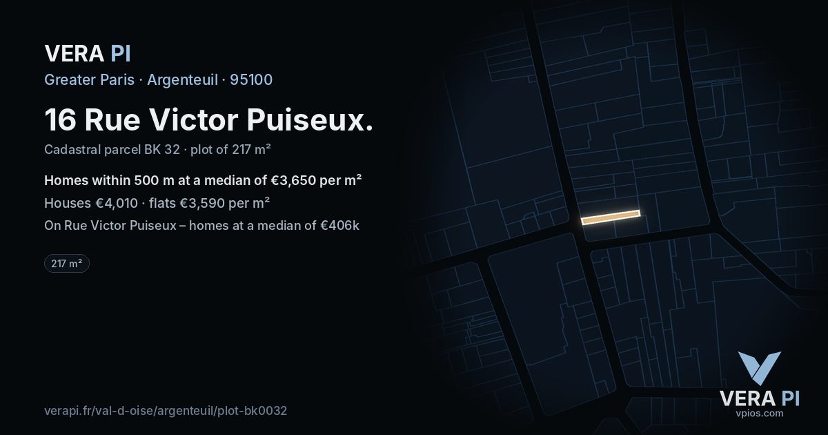 16 Rue Victor Puiseux, Argenteuil at night – the plot lit, the parcels around coloured by the prices near them